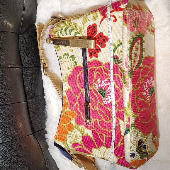 Spartina 449 Off White Floral Linen Bag With Gold Leather 23" Strap - Picture 5 of 12